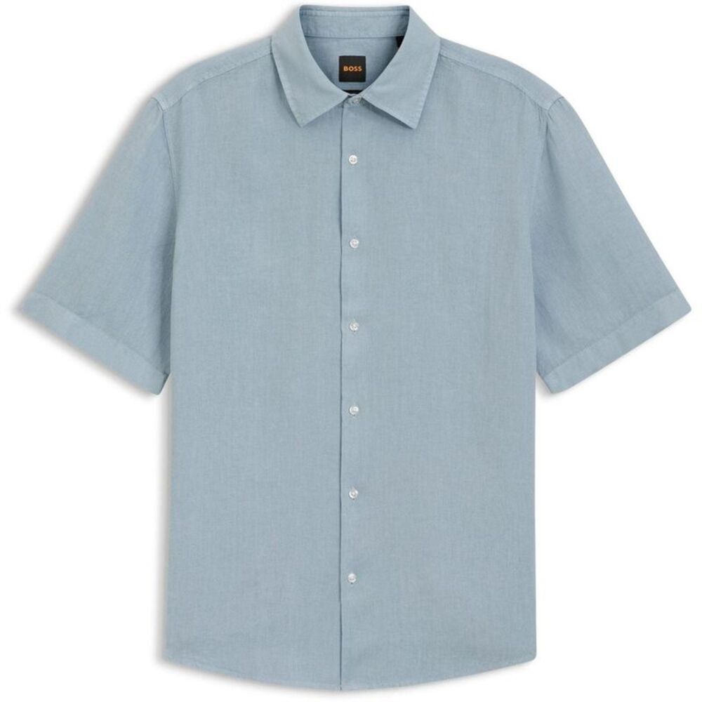 Boss Mens Linen Short-Sleeved Shirt / Light Blue